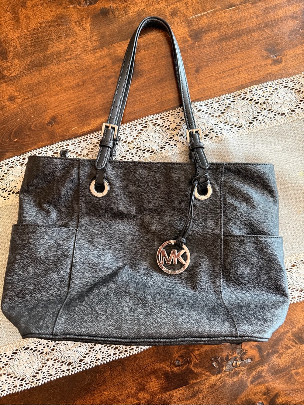 Michael Kors Black Pebbled Leather Tote with MK Pendant